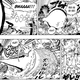 Luffy, en modo Joyboy, reacciona con cómica sorpresa al aliento de Kaido y tira del suelo para formar una barrera.